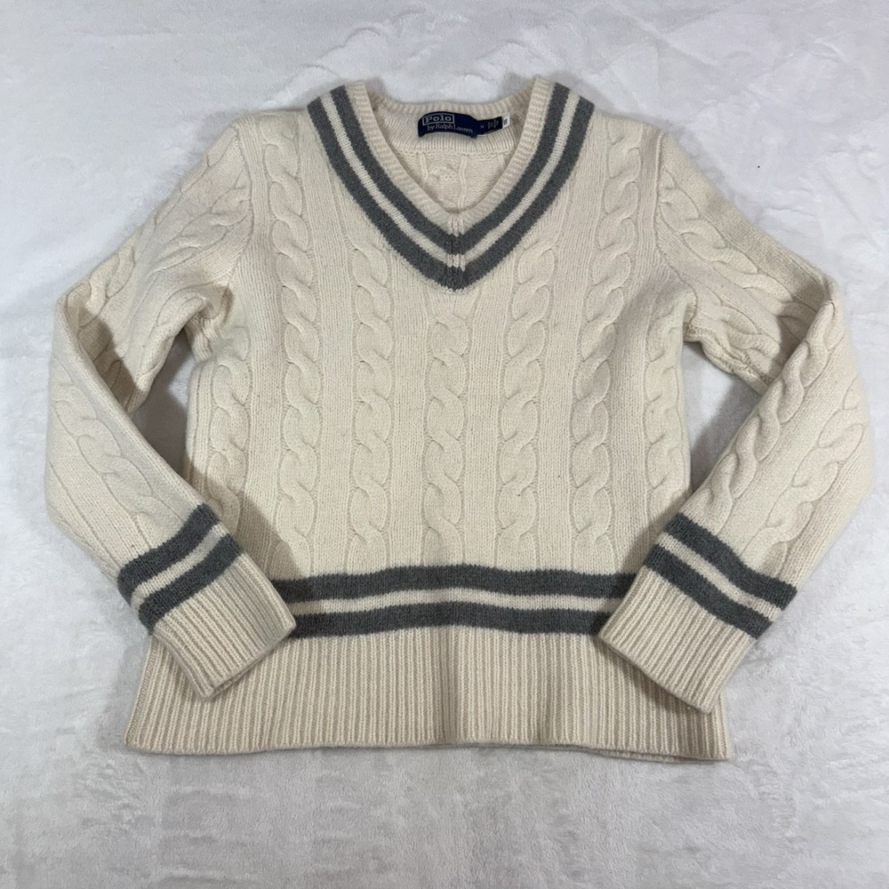 Polo Ralph Lauren The Iconic Cricket Sweater Womans MD Wool Cashmere Cream Gray - Picture 5 of 15